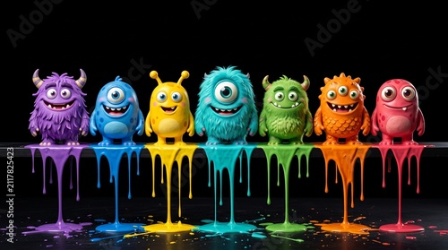 Colorful cartoon monsters with paint dripping on a black background