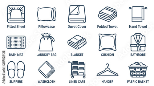 Collection of line icons for household linen, laundry, and bath items.