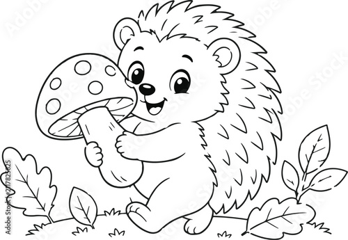Adorable Baby Hedgehog with Mushroom Coloring Page - Black and White Vector