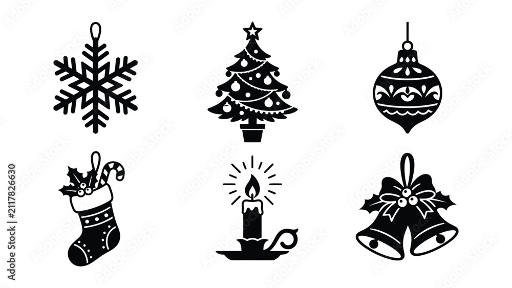 Naklejka premium Black and white holiday icons set featuring festive symbols with transparent background