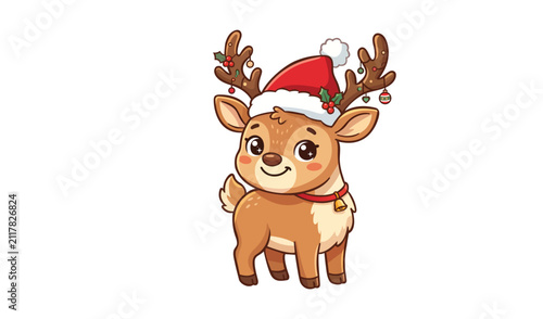 Cute cartoon reindeer wearing a santa hat and a bell collar, decorated antlers with christmas ornaments, vector