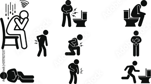 Obraz na płótnie Stomach ache diarrhea and digestive sickness problems stick figure icon set vector illustration