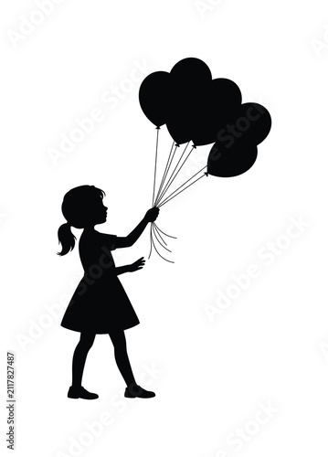 Quadro su tela Silhouette of a young girl holding a bunch of balloons aloft on a white backgrou