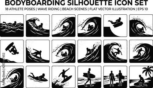 Foto Bodyboarding silhouette icon set, athlete poses, wave riding, beach action, flat vector illustration, ocean sports, surfing logos, summer design elements, clipart, EPS10