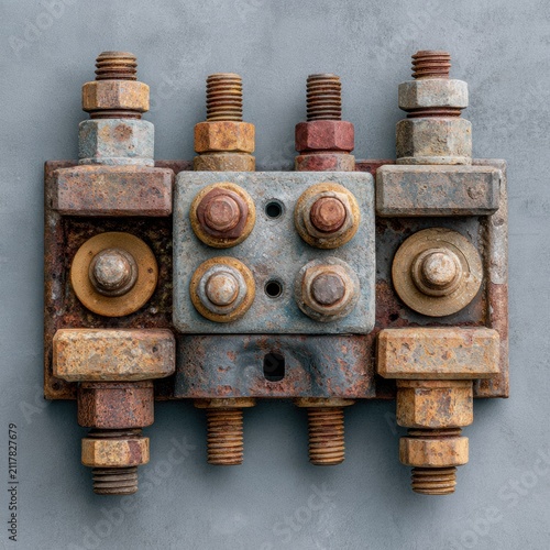 Arranged Corroded Car Parts Showing Rusted Bolts Brackets With Steel Grey Surface Underneath