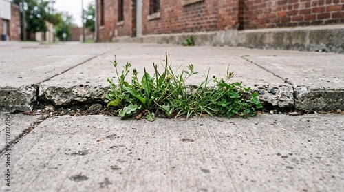 Green Weeds Growing Through Cracked Concrete Sidewalk - Urban Nature Resilience and Sidewalk Weed Growth Concept