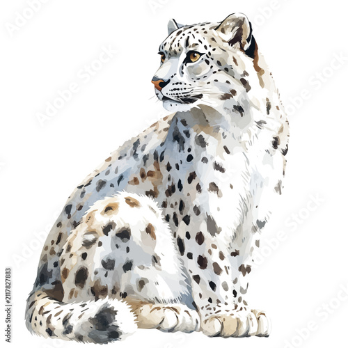 Photography Snow Leopard, watercolor illustration featuring playful movement and lively expressions, isolated on a white background