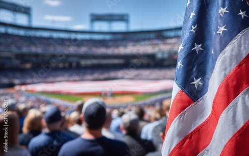 American flag focused close-up during patriotic baseball stadium event ceremony