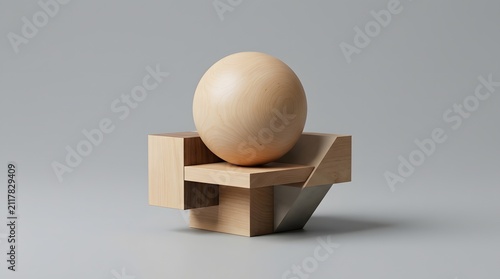 Polished wooden sphere balanced carefully upon geometric block sculptures featuring soft studio lighting against a clean and neutral gray background