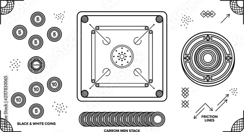 Cuadro en lienzo Carrom board game vector elements set featuring carrom men coins striker design