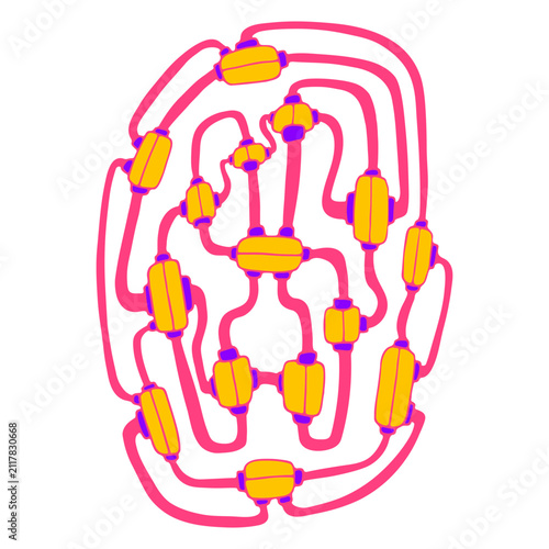 Abstract network of yellow nodes with pink lines cartoon vector illustration