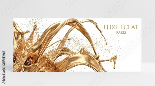 Gold liquid splashes dynamically across a white surface next to elegant branding text in a commercial layout.