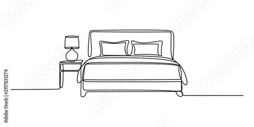 Bild auf Leinwand Continuous single line drawing of a bed with a lamp on a nightstand
