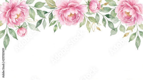 Peonies in soft pink watercolor tones create a delicate floral border across the top of this bright white background.