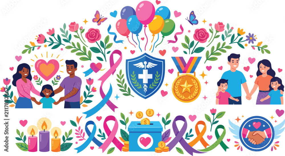 Naklejka premium Breast cancer awareness community support vector featuring diverse families, pink ribbons, fundraising, and celebratory elements, in a vibrant flat design style