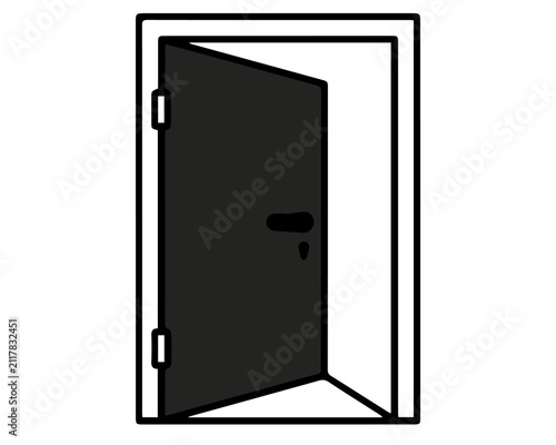 A simple black and white line art illustration of an open door isolated on a white background