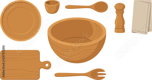 Obraz na płótnie Flat vector illustration of eco friendly wooden tableware set including mixing