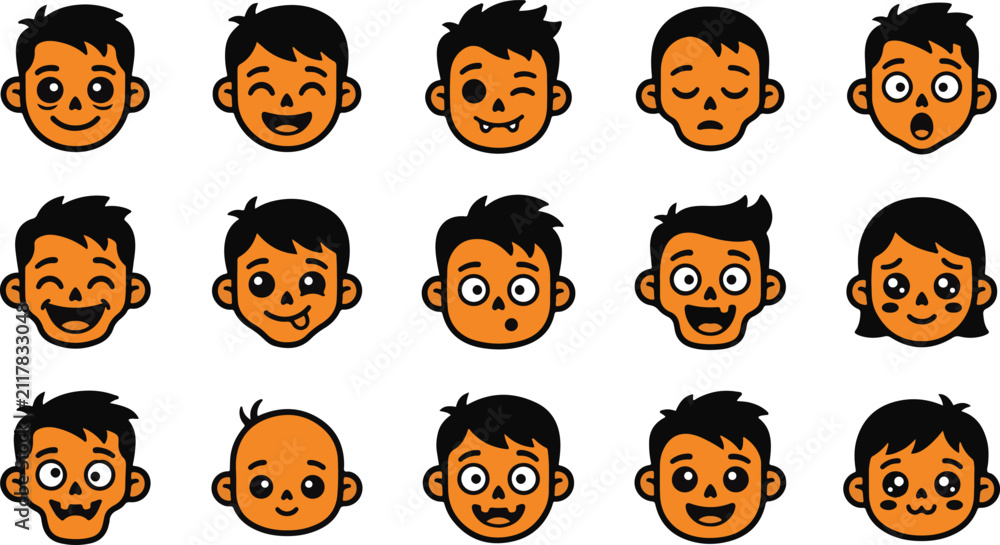 Naklejka premium Various funny orange face expressions for halloween character