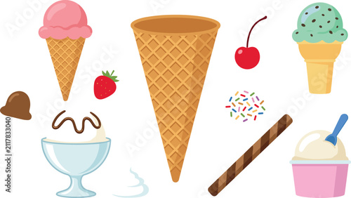 Sweet frozen dessert food collection flat vector illustration with ice cream cones sundae glass bowl sprinkles chocolate roll and strawberry