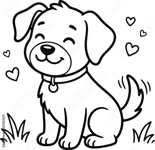 Cute Smiling Puppy Dog Coloring Page - Black and White Vector Line Art for Kids