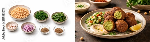 Collage of fresh falafel ingredients and a plate of crispy homemade falafel served with hummus and fresh salad