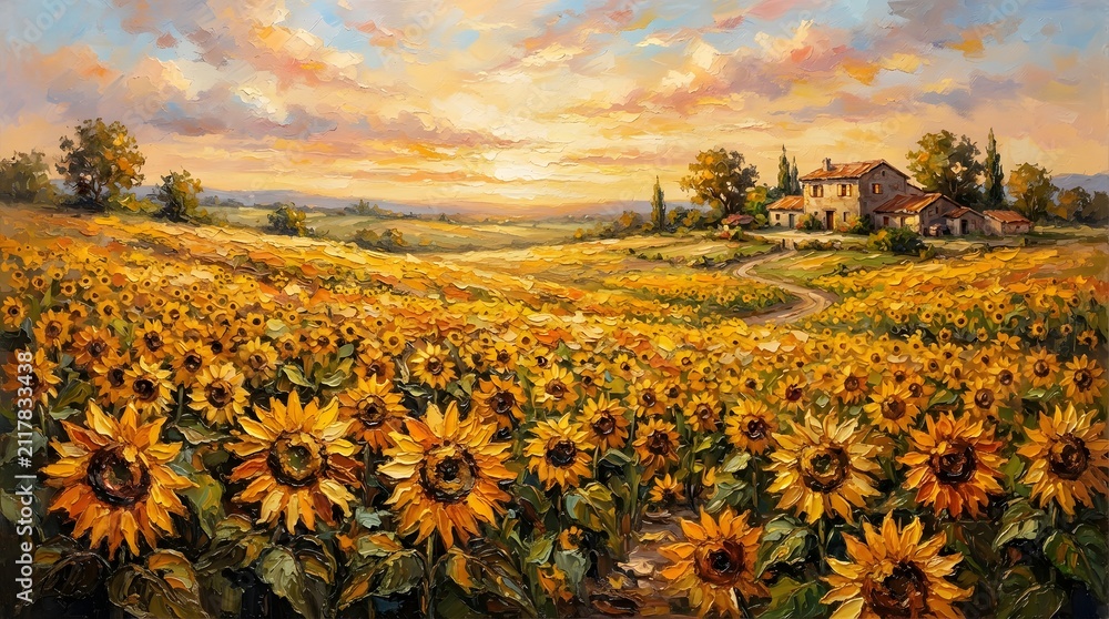 Fototapeta premium Oil painted sunlit sunflower field in the countryside at sunset high quality 4K