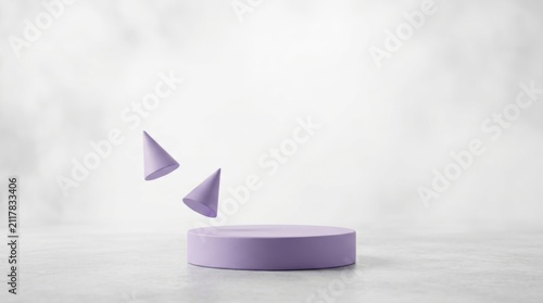 Purple podium 3D render with floating cones on white background product display