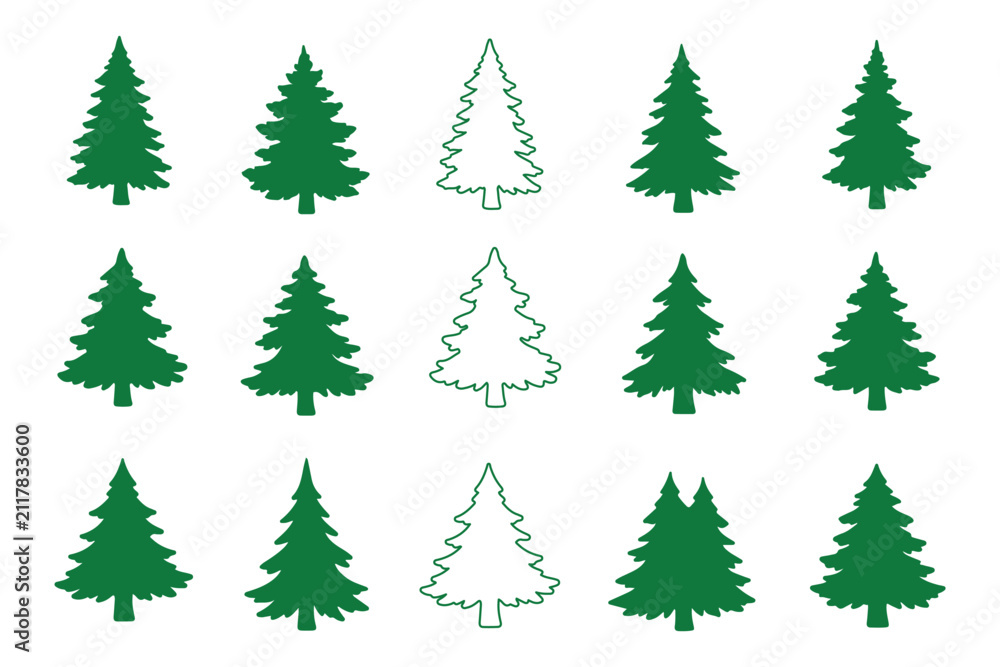 Obraz premium Collection of black silhouette pine trees and one white outline tree