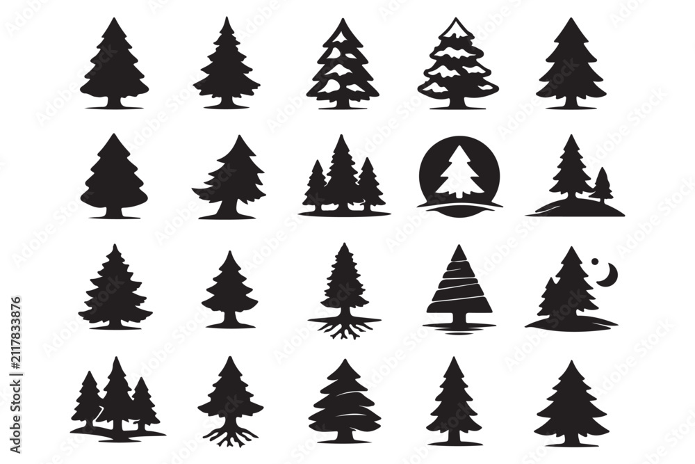 Obraz premium Pine tree silhouette vector set, fir tree vintage forest nature evergreen collection illustration