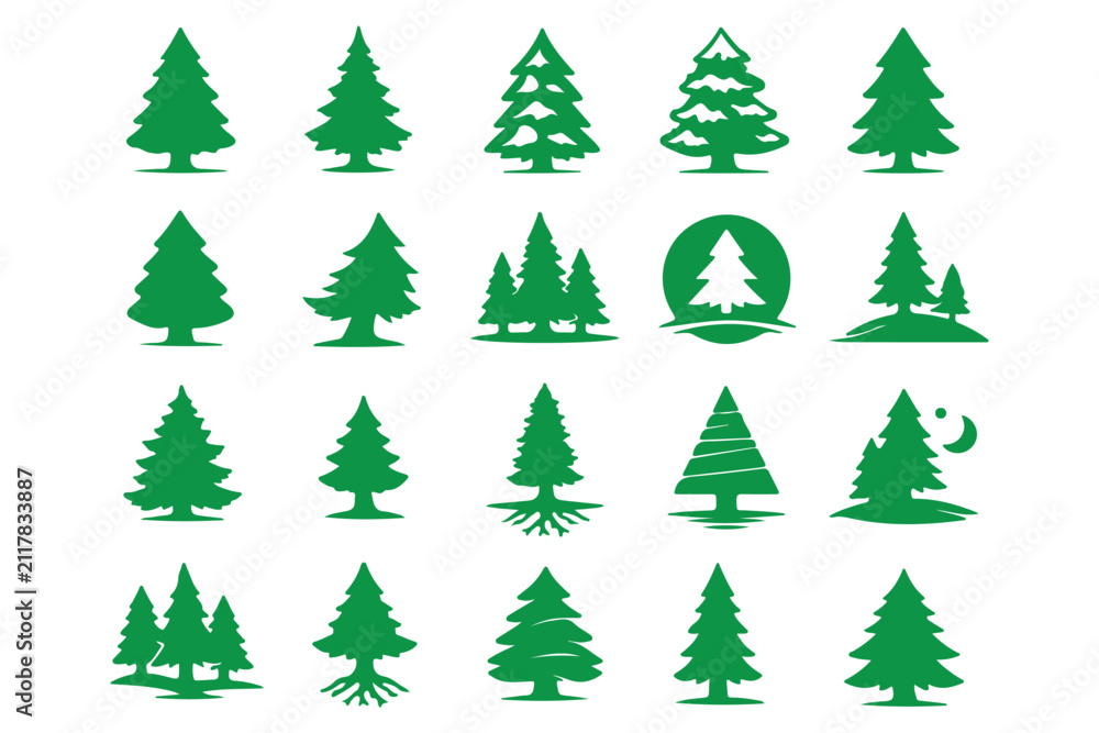 Obraz premium Pine tree silhouette vector set, fir tree vintage forest nature evergreen collection illustration