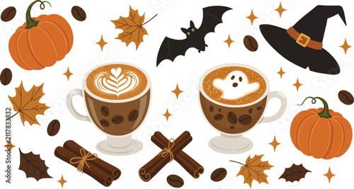 Festive halloween composition featuring hot coffee cups with latte art pumpkins autumn leaves a witch hat and flying bat silhouettes