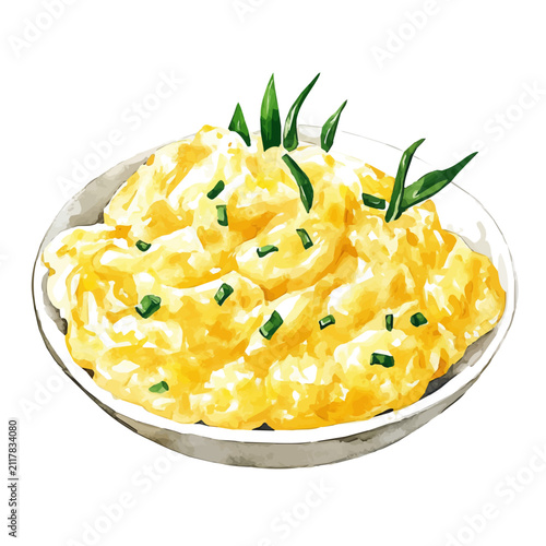 watercolor painting of Scrambled Eggs, isolated on a white background.