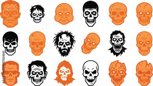 Quadro su tela Set of scary halloween skull and zombie face icons with halloween
