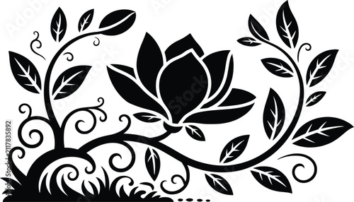 Foto Floral silhouette illustration of a blooming lotus flower surrounded by curved d