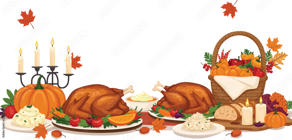 Fototapeta premium Festive thanksgiving dinner table setting featuring roasted turkeys pumpkins autumn leaves candles and a wicker basket filled with harvest vegetables