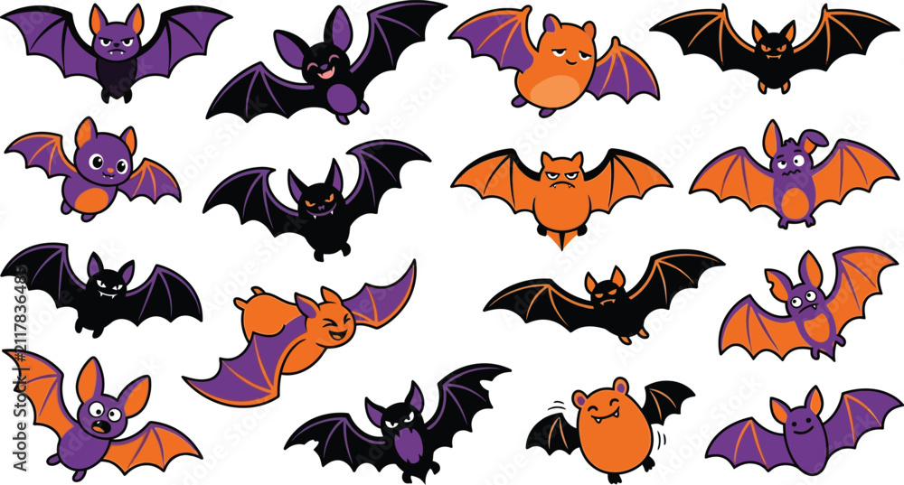 Fototapeta premium Set of cute cartoon bats in various poses for a fun and spooky happy halloween day celebration design