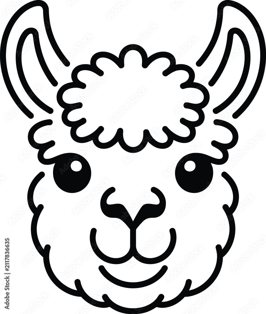 Obraz premium Cute cartoon llama head line art icon with illustration portrait friendly character coloring isolated minimalist stylized animalia wildlife silhouette