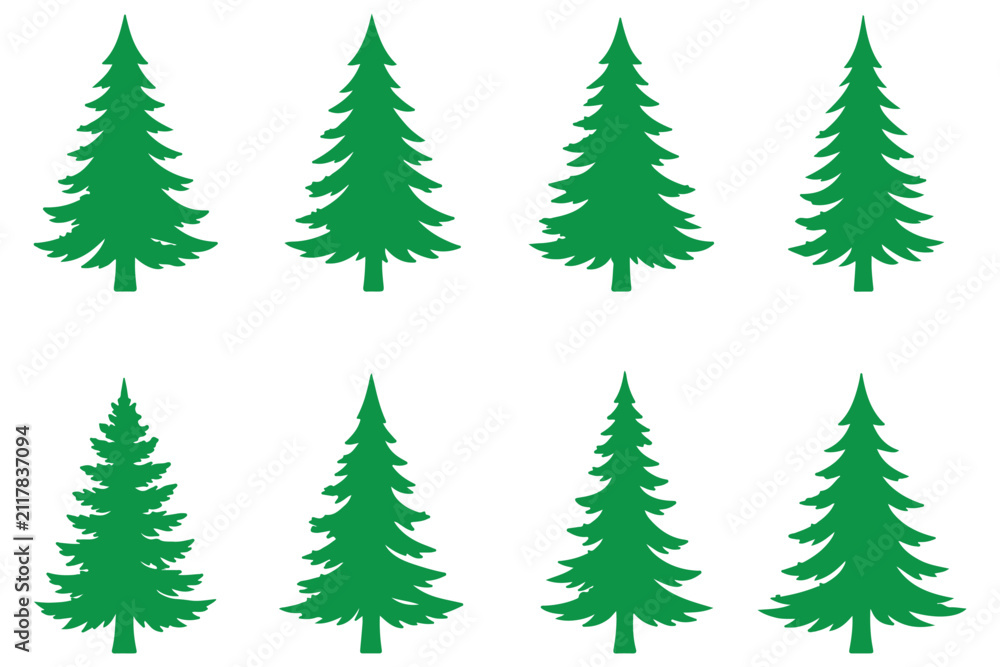 Obraz premium Pine tree silhouettes set for forest landscapes on transparent background, detailed evergreen vector illustration.