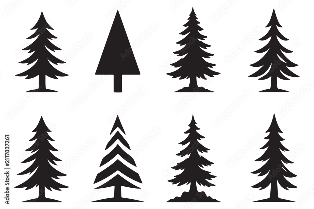 Obraz premium Set of black silhouettes of pine trees and dragons