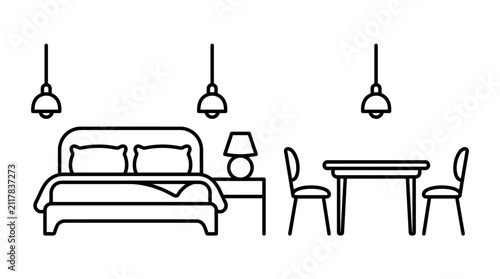 Minimalist line art illustration of a bedroom and dining area with furniture and lighting fixtures, depicting a modern interior space.