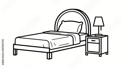 Black and white line art illustration of a single bed with a rounded headboard, pillow, and blanket, accompanied by a nightstand and a table lamp.