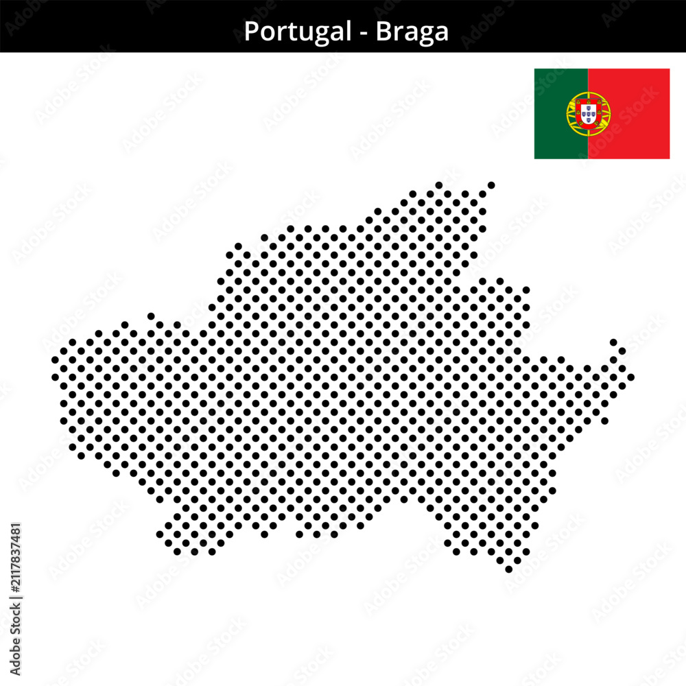 Fototapeta premium Map of Portugal region Braga in medium sized cross shaped dots