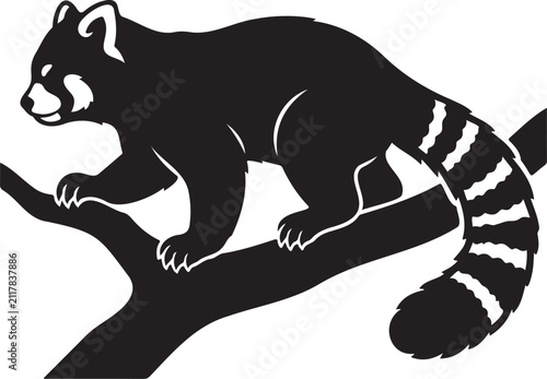 Black and white red panda climbing tree branch silhouette isolated vector icon line art cute animal clip art emblem graphic element for print sticker logo tattoo stencil wild mammal design