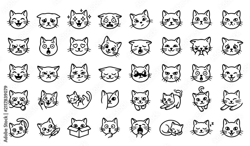 Obraz premium Cute Cat Face Expression Doodle Collection with Hand Drawn Kitty Emoji Outline Vector Icon Set