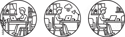Fotografie work from home remote job laptop user icon set freelancer home office outline ve