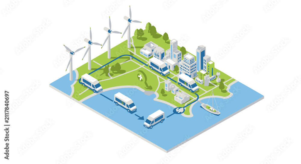 Fototapeta premium Isometric illustration of a smart city with electric buses, wind turbines, and sustainable urban development