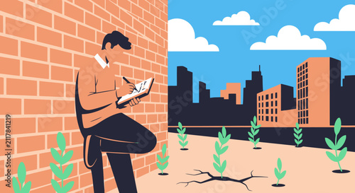 Young man leaning against a brick wall writing in a notebook outdoors