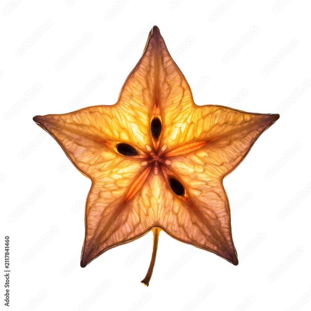 Fototapeta premium Backlit star fruit half with amber stained glass translucent texture, isolated on pure transparent background