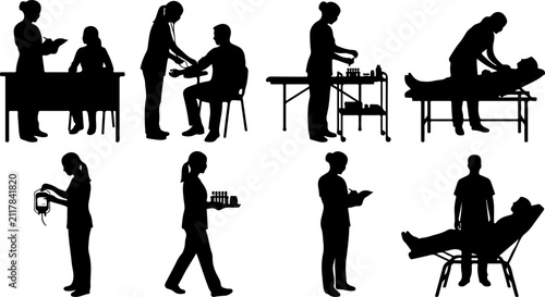 Medical staff silhouettes performing various healthcare procedures vector illustration