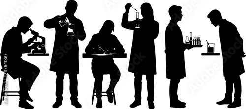 Silhouettes of scientists working in a laboratory setting vector illustration